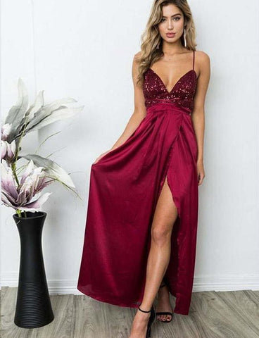 Custom Made V Neck Burgundy Backless Prom Dresses, Burgundy Beaded Backless Formal Graduation Evening Dresses