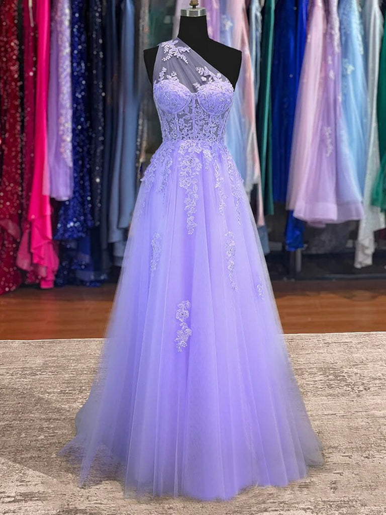 Purple Tulle Lace Long Prom Dress, One Shoulder Purple A-Line Formal E morievent Purple Tulle Lace Long Prom Dress, One Shoulder Purple A-Line Formal E morievent