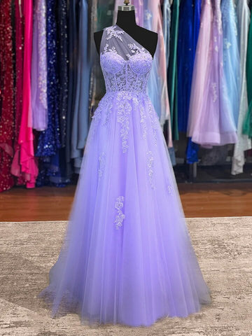 Purple Tulle Lace Long Prom Dress, One Shoulder Purple A-Line Formal Evening Dress