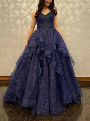 Shiny V Neck Navy Blue Tulle Long Prom Dresses, Navy Blue Formal Evening Dresses Long, Ball Gown