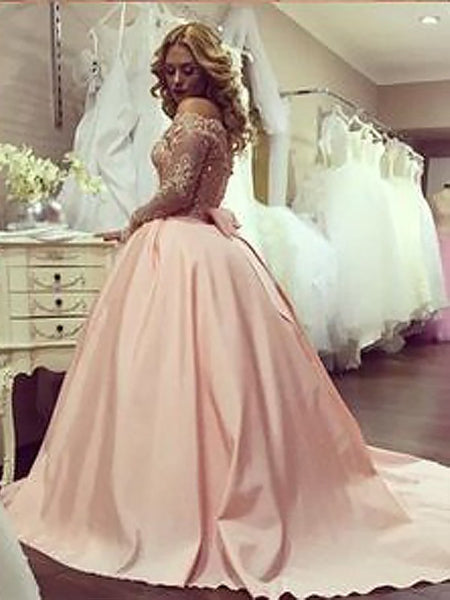 Ball Gown Long Sleeves Off-the-Shoulder Beading Satin Lace Dresses, Ball Gown Long Sleeves Beading Evening Dresses