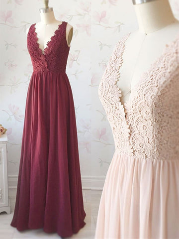 A line v neck light pink/burgundy lace chiffon long prom dress, Light pink/burgundy lace evening dress