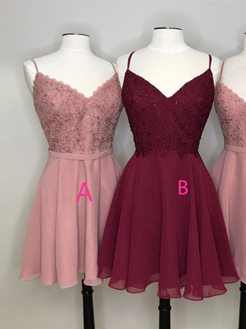 A Line V Neck Pink/Burbundy Lace Short Prom Dresses,  Pink/Burbundy Lace Short Formal Evening Homecoming Dresses
