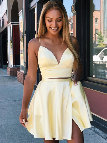 V Neck Two Pieces Yellow Short Prom Dresses, 2 Pieces Short Yellow Formal Homecoming Dresses