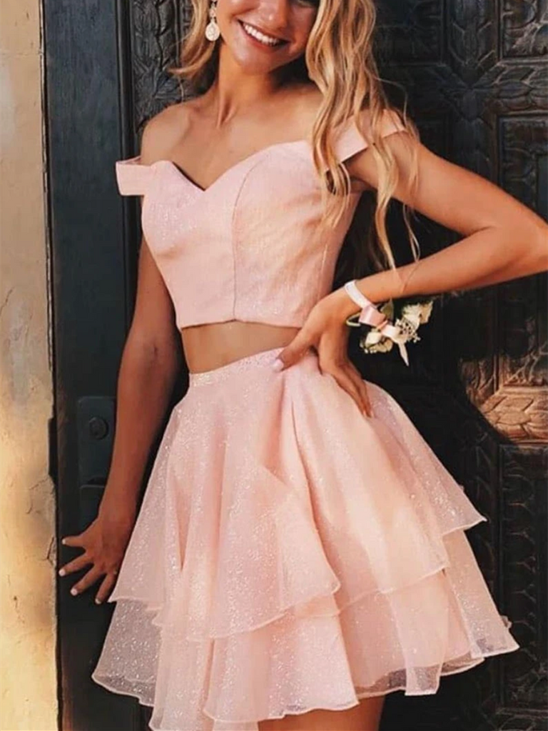 Pink Off Shoulder Two Pieces Short Prom Dresses, Off The Shoulder 2 Pieces Short Graduation Homecoming Dresses