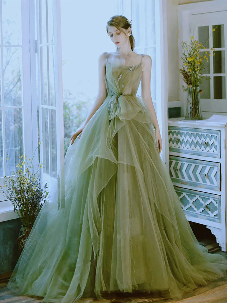 Green Tulle High Low Long Prom Dresses, Green Tulle Long Formal Evening Dresses