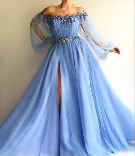 Round Neck Blue Tulle Long Sleeves Prom Dresses, Blue Tulle Long Sleeves Formal Evening Dresses