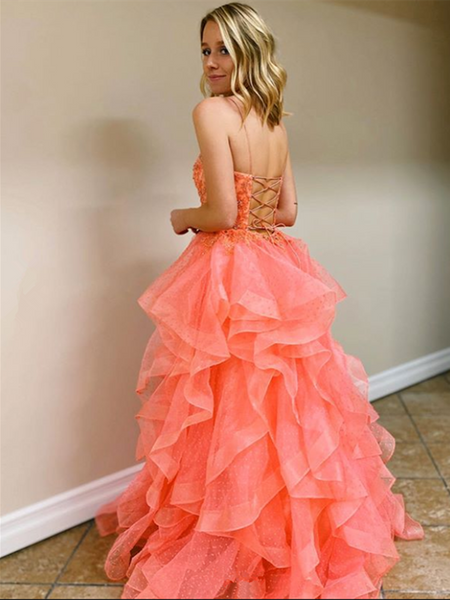 A Line Coral Backless Tulle Beaded Long prom Gowns, Coral Beaded Prom Dresses, Open Back Coral Formal Evening Dresses