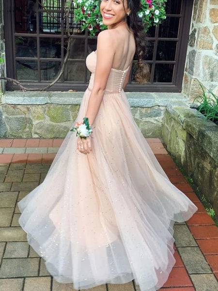 Strapless Sweetheart Neck Champagne Tulle Long Prom Dresses, Long Champagne Formal Graduation Evening Dresses