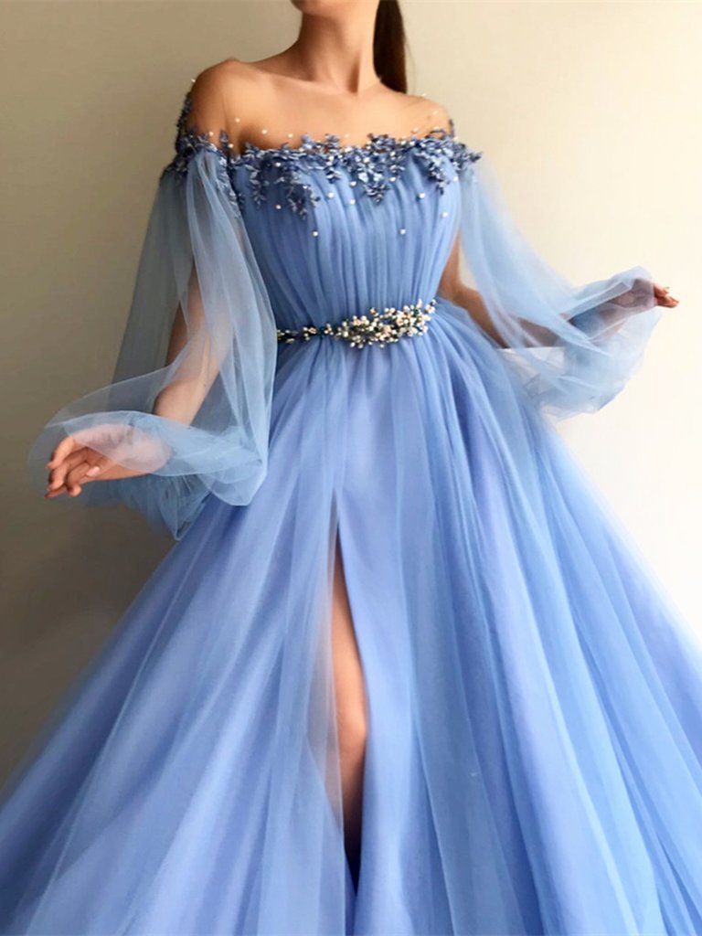 Round Neck Blue Tulle Long Sleeves Prom Dresses Blue Tulle Long Sleev morievent