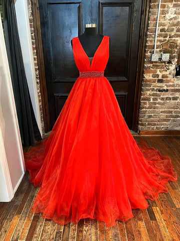 V Neck Red Tulle Long Prom Dress, Red A Line Evening Dress with Beaded