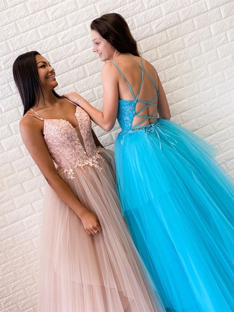 A Line V Neck Light Blue /Dusty Pink Backless Tulle Lace Long Prom Dre morievent A Line V Neck Light Blue /Dusty Pink Backless Tulle Lace Long Prom Dre morievent