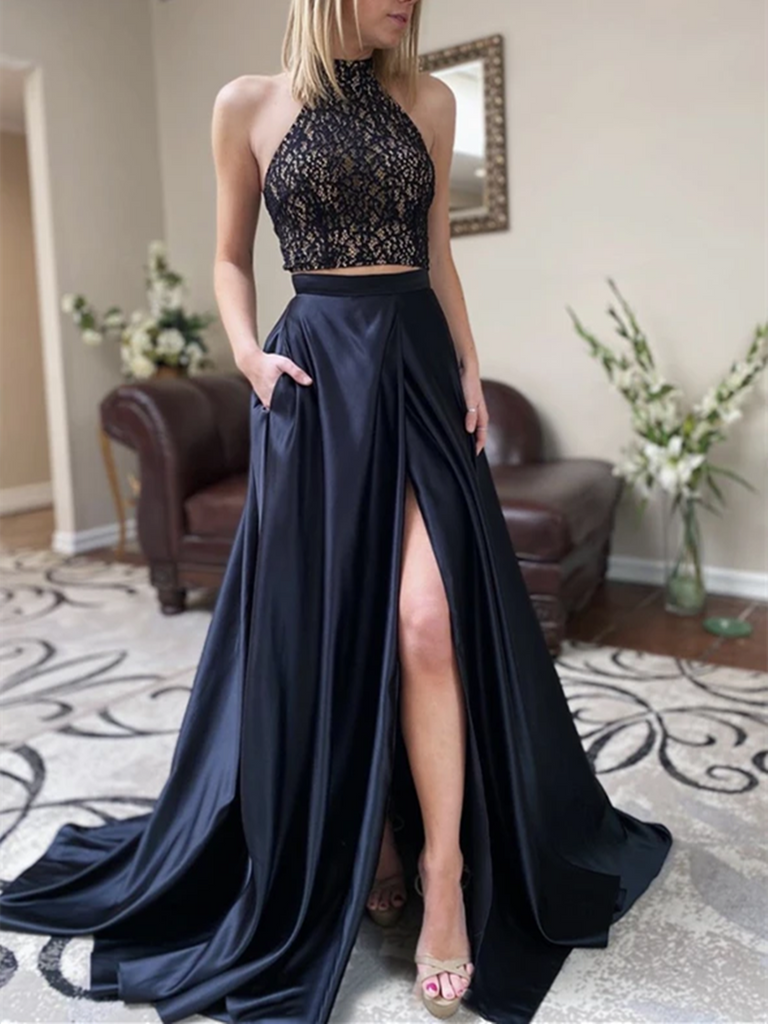 High Neck Black Two Pieces Long Prom Dresses With High Leg Slit
