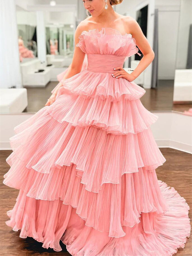 Strapless Layered Pink Tulle Long Prom Dress, Long Pink Formal Evening Dress, Ball Gown