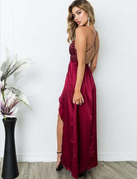 Custom Made V Neck Burgundy Backless Prom Dresses, Burgundy Beaded Backless Formal Graduation Evening Dresses