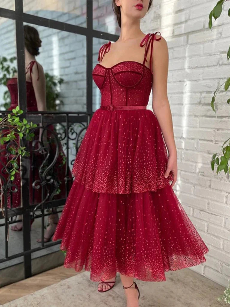 Pretty Sweetheart Neck Burgundy Layered Tea Length Prom Dresses, Burgu morievent Pretty Sweetheart Neck Burgundy Layered Tea Length Prom Dresses, Burgu morievent