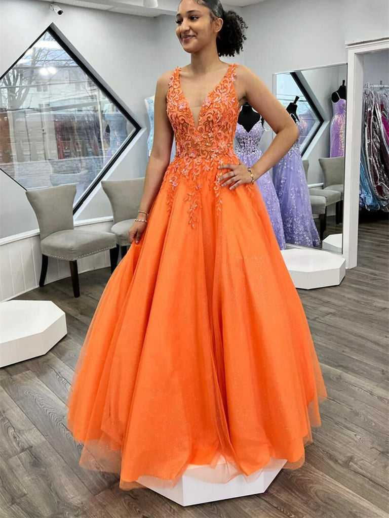 A Line V Neck Orange Lace Long Prom Dress, Long Orange Formal Dress, Orange Lace Evening Dress