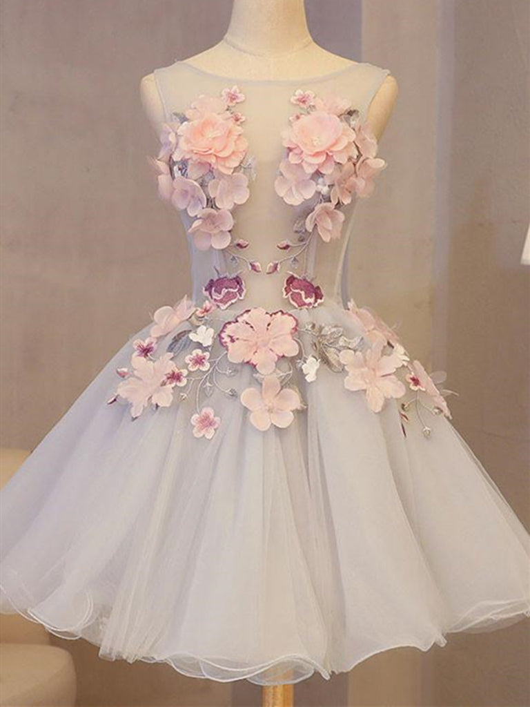 Silver Gray Sleeveless Appliqued Short Homecoming Dress with Flowers, morievent Silver Gray Sleeveless Appliqued Short Homecoming Dress with Flowers, morievent