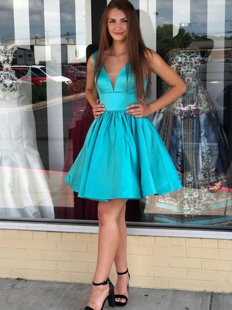 Cute Blue V Neck Satin Short Prom Dresses, Blue Short Cocktail Evening morievent Cute Blue V Neck Satin Short Prom Dresses, Blue Short Cocktail Evening morievent