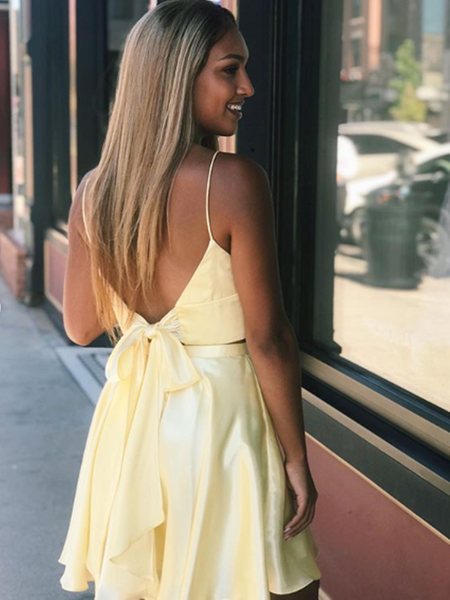 V Neck Two Pieces Yellow Short Prom Dresses, 2 Pieces Short Yellow Formal Homecoming Dresses