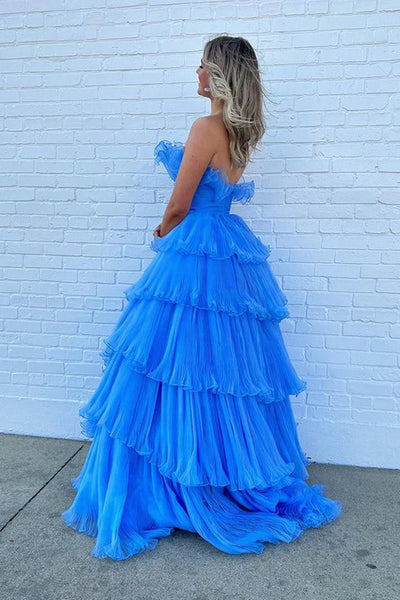 Strapless Layered Blue Long Prom Dresses, Open Back Blue Formal Evening Dresses, Blue Ball Gown