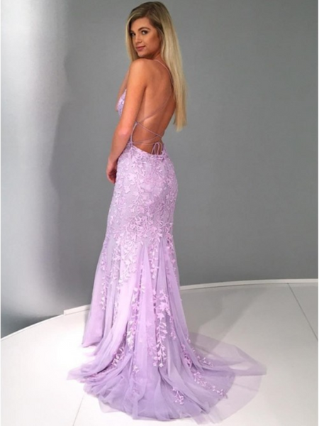 Unique Backless Mermaid Lavender Spaghetti Straps Lace Prom Dress with Appliques, Mermaid Purple Lace Formal Evening Dress