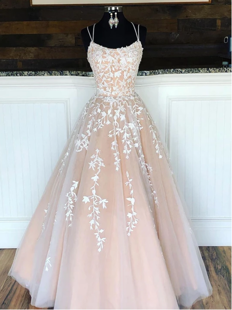 Custom Made Champagne Tulle Lace Long Prom Dress, Champagne Tulle Lace Long Evening Dress