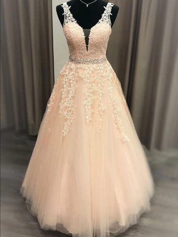 Pink V Neck Tulle Lace Long Prom Dress, Pink V Neck Tulle Lace Long Evening Dress