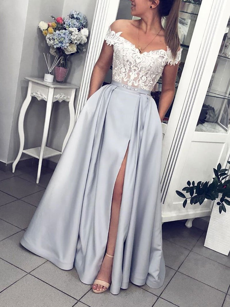 Off Shoulder Grey Lace Long Prom Dresses With Leg Slit, Off The Shoulder Gray Lace Formal Evening Dresses