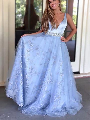 A Line Blue V Neck Lace Beaded Long Prom Dresses, Blue V Neck Lace Beaded Long Formal Evening Dresses