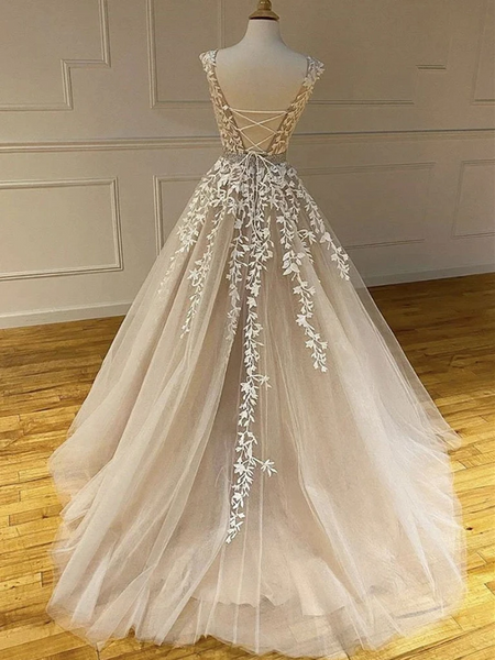 Round Neck  Champagne Tulle Lace Long Wedding Dresses, Champagne Lace Prom Formal Evening Dresses