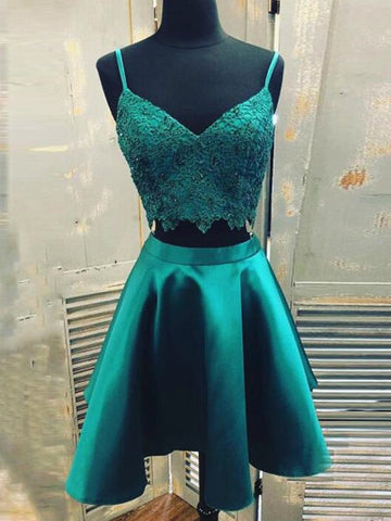 V Neck 2 Pieces Green Lace Short Prom Dresses, Two Pieces Short Green Formal Homecoming Dresses