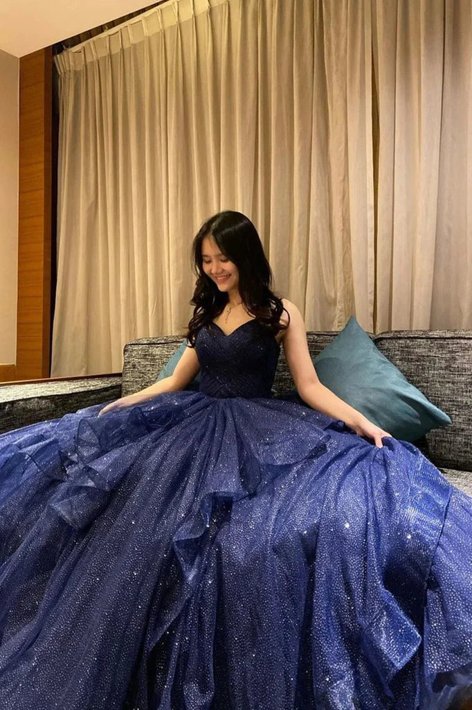Shiny V Neck Navy Blue Tulle Long Prom Dresses, Navy Blue Formal Eveni morievent Shiny V Neck Navy Blue Tulle Long Prom Dresses, Navy Blue Formal Eveni morievent