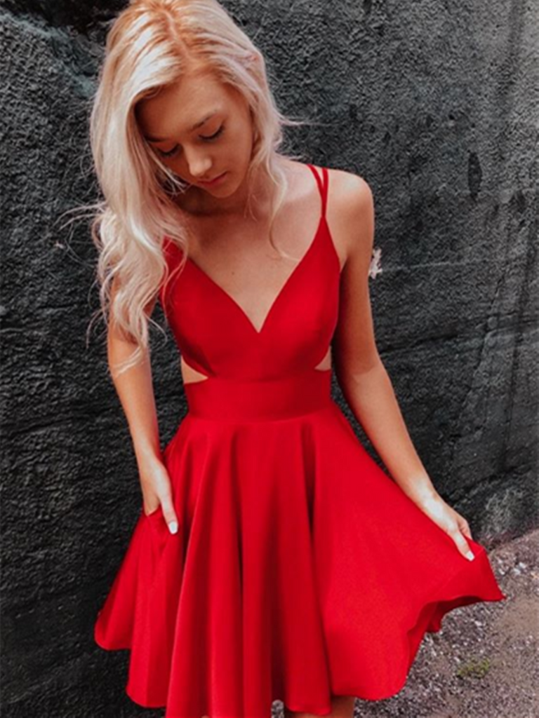 Simple A Line V Neck Red Satin Short Prom Dresses, V Neck Red Formal Dresses, Red Evening Dresses