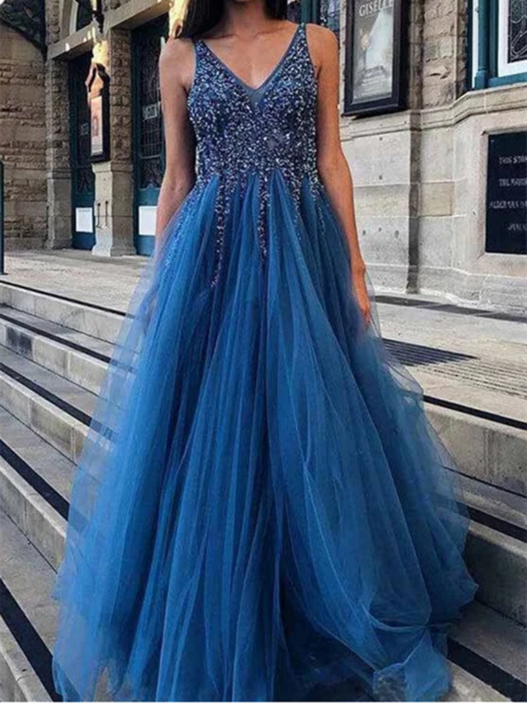 V Neck Ocean Blue Backless Tulle Long Prom Dresses with Beaded, Blue Backless Tulle Long Formal Evening Dresses