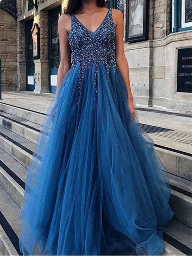 V Neck Ocean Blue Backless Tulle Long Prom Dresses with Beaded, Blue B morievent V Neck Ocean Blue Backless Tulle Long Prom Dresses with Beaded, Blue B morievent