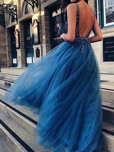 V Neck Ocean Blue Backless Tulle Long Prom Dresses with Beaded, Blue Backless Tulle Long Formal Evening Dresses