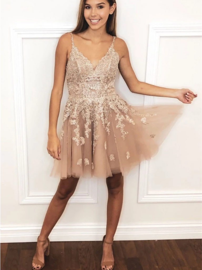 Champagne tulle Lace Short Prom Dress, V Neck Homecoming Dress