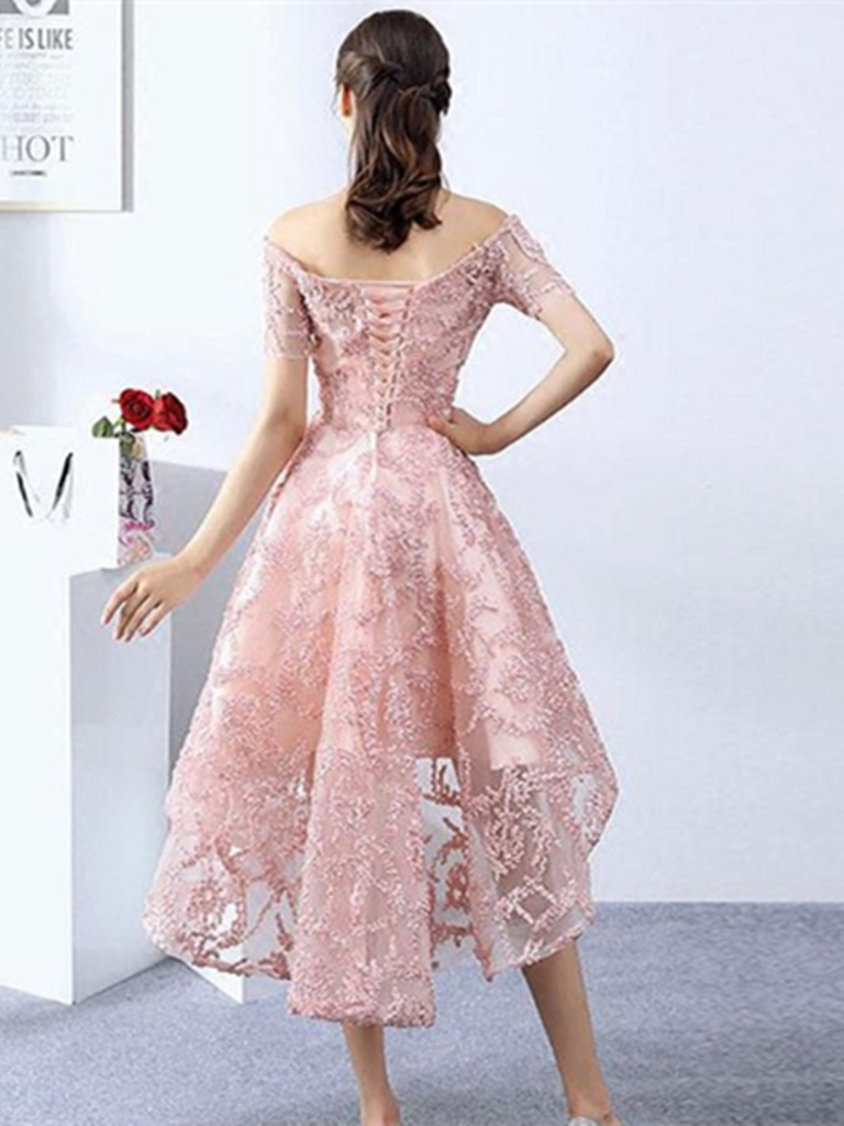 light pink high low prom dress Beaded Pink Ruffled High-low Long Train Prom Dress