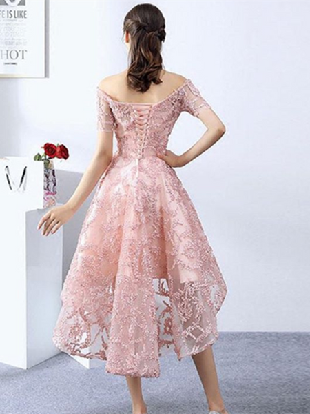Pink High Low Prom Dress, Short Lace Evening Dress, Homecoming Dress