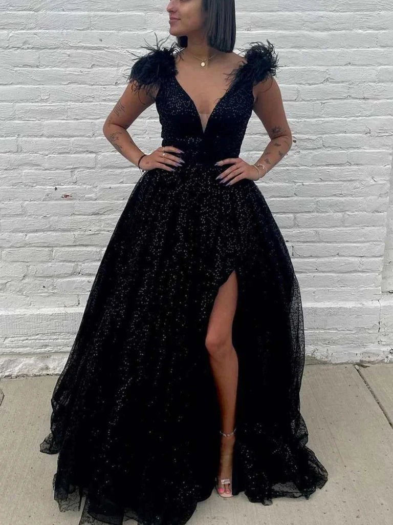 Shiny Tulle A Line V Neck Pink/Black/Purple Long Prom Dresses with Hig – morievent Shiny Tulle A Line V Neck Pink/Black/Purple Long Prom Dresses with Hig – morievent