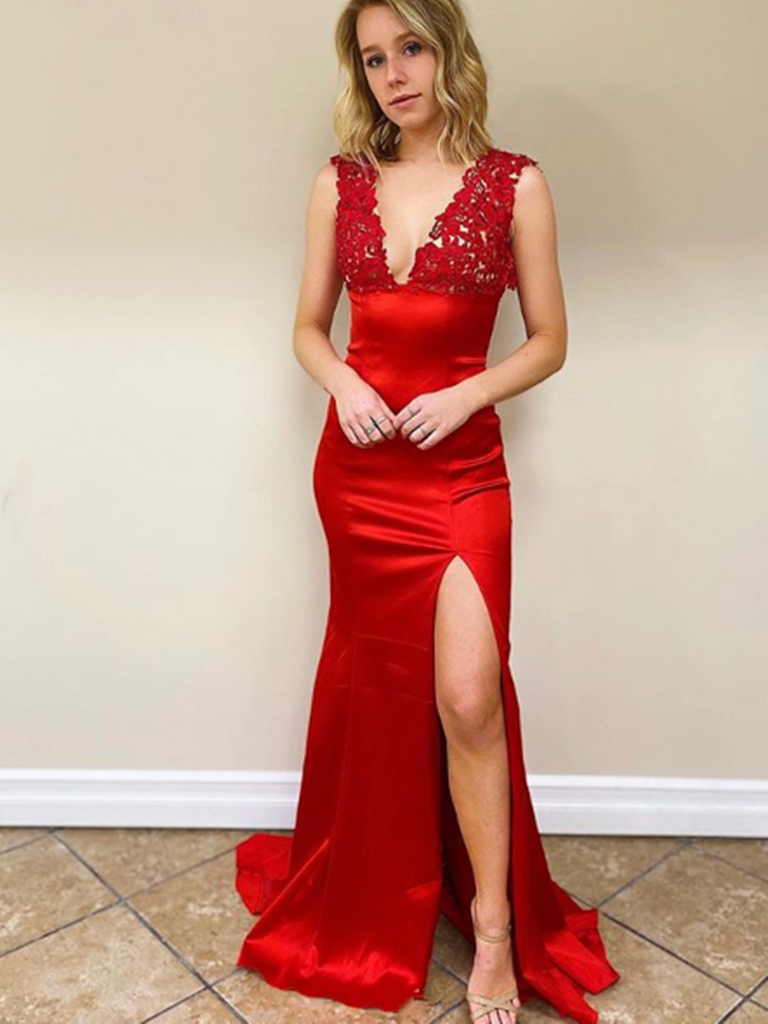 Mermaid V Neck Red/Black Satin Lace Backless Prom Dresses With Leg Slit, Lace Backless Mermaid Formal Evening Dresses