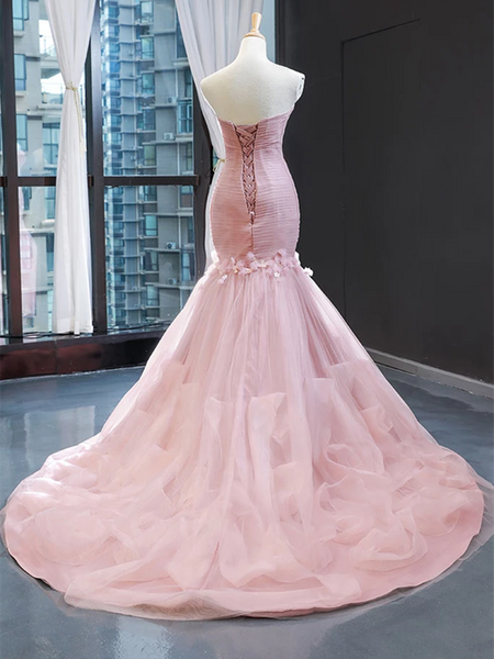 Pink Sweetheart Tulle Mermaid Long Prom Dresses, Pink Sweetheart Tulle Mermaid Long Formal Evening Dresses