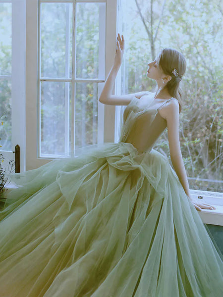 Green Tulle High Low Long Prom Dresses, Green Tulle Long Formal Evening Dresses