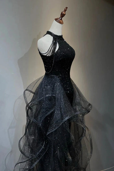 A Line Shiny Black Tulle Long Party Dress with Beaded, Black Formal Evening Dress