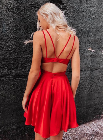Simple A Line V Neck Red Satin Short Prom Dresses, V Neck Red Formal Dresses, Red Evening Dresses