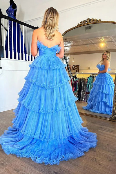 Strapless Layered Blue Long Prom Dresses, Open Back Blue Formal Evening Dresses, Blue Ball Gown