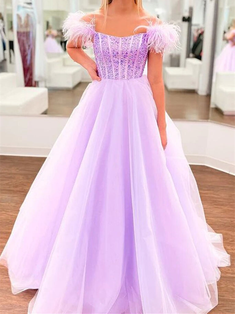 Off Shoulder Beaded Lilac Tulle Long Prom Dresses, Off the Shoulder Pu morievent Off Shoulder Beaded Lilac Tulle Long Prom Dresses, Off the Shoulder Pu morievent