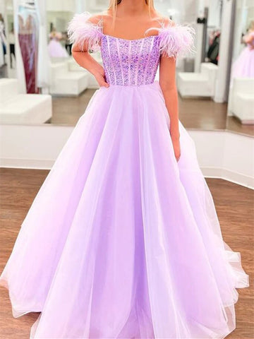 Off Shoulder Beaded Lilac Tulle Long Prom Dresses, Off the Shoulder Purple Formal Dresses, Purple Evening Dresses