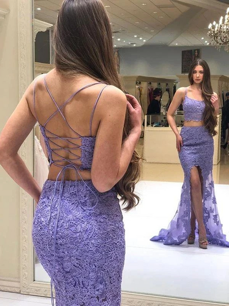 Mermaid Purple Two Pieces Lace Backless Long Prom Dresses, Mermaid Purple 2 Pieces Lace Backless Long Formal Evening Dresses